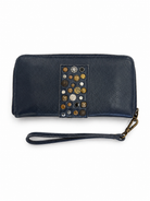 Cadelle Lisa Denim leather wallet clutch with wristlet strap and zip closure front view