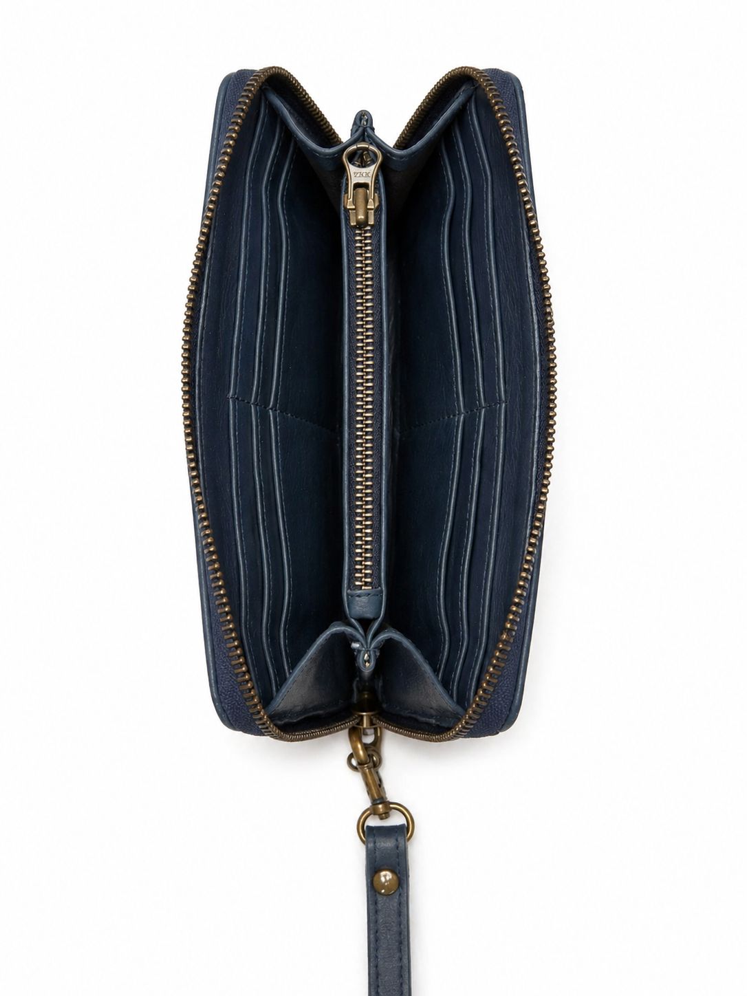 Cadelle Lisa Denim leather wallet clutch with wristlet strap and zip closure inside view