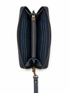 Cadelle Lisa Denim leather wallet clutch with wristlet strap and zip closure inside view