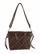 Chocolate leather Annelise shopper bag with silver eyelet detail on the front