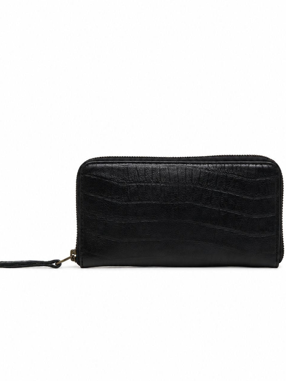 Cadelle Bella leather wallet in black moc croc with  zip-around wallet closure