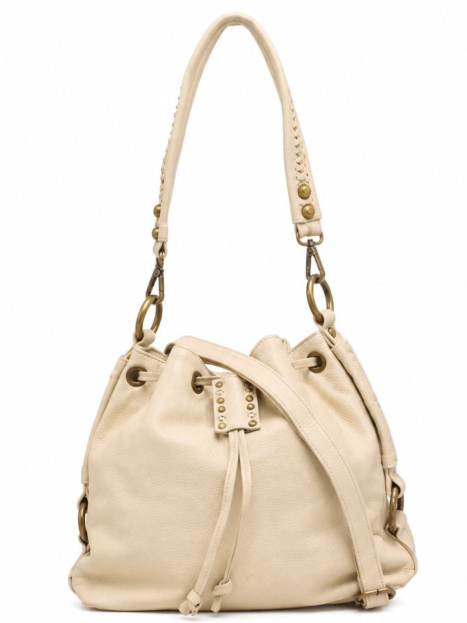 Cadelle Courtney Honey leather bucket bag with fixed handle and removeable crossbody strap