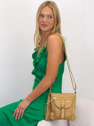 Jamie camel leather woven  front pocket crossbody bag with gold hardware 