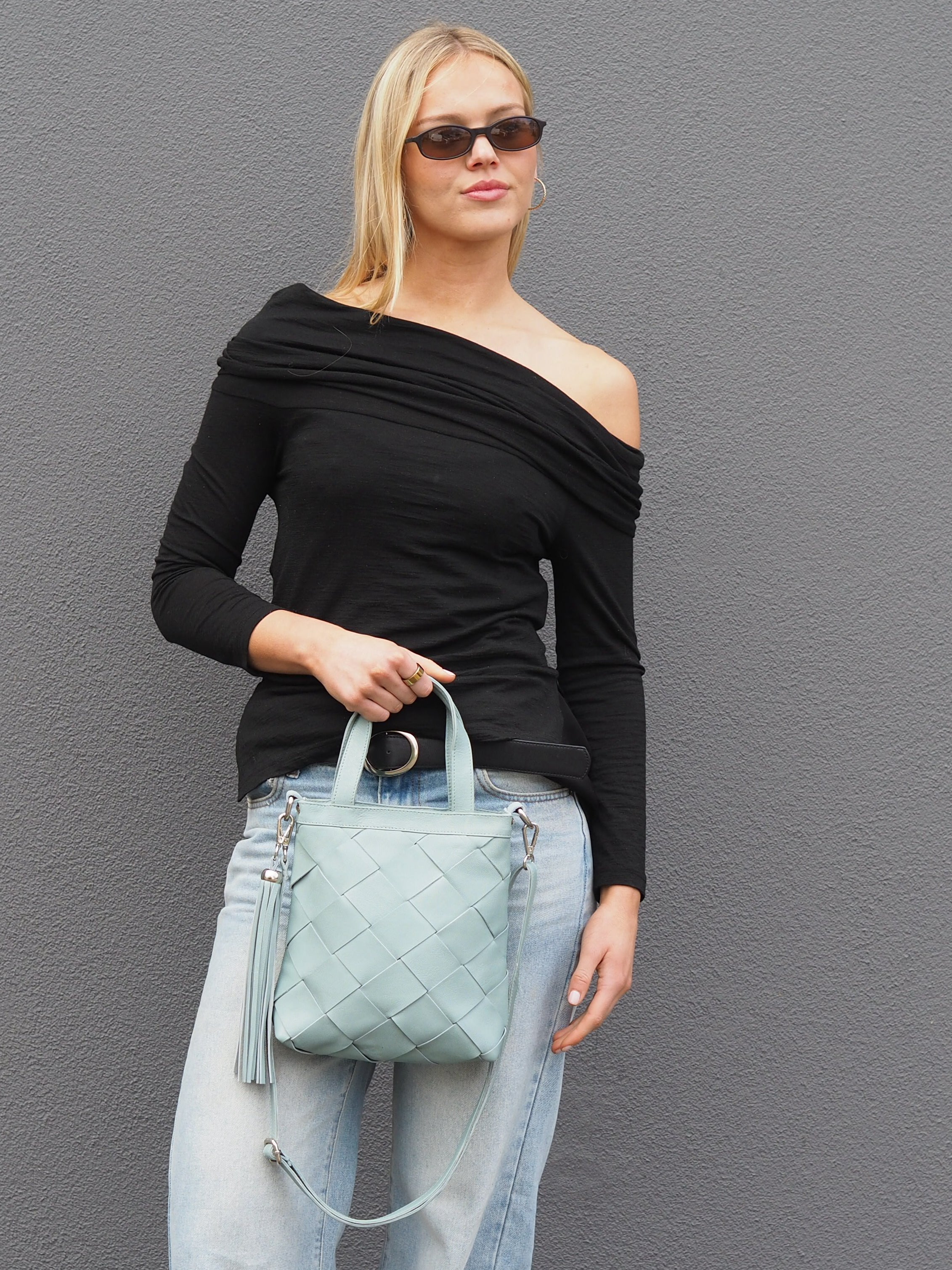 Carter pale blue leather crossbody with double handles and detachable crossbody strap