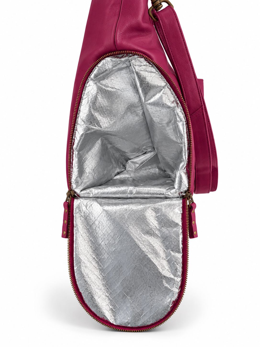 Cadelle Victoria raspberry leather overnighter side insulated pocket