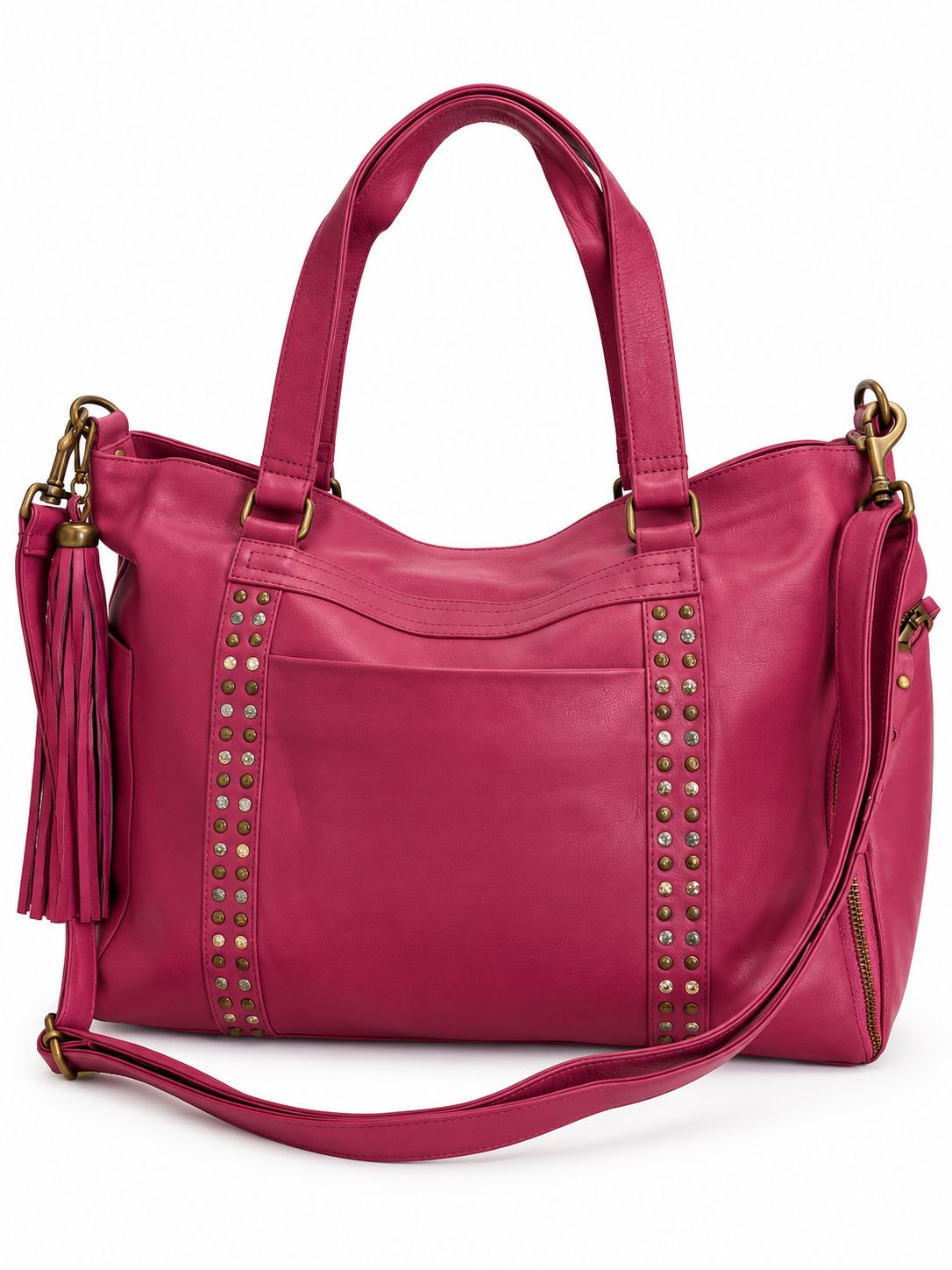 Cadelle Victoria overnighter in raspberry leather with studs down the front