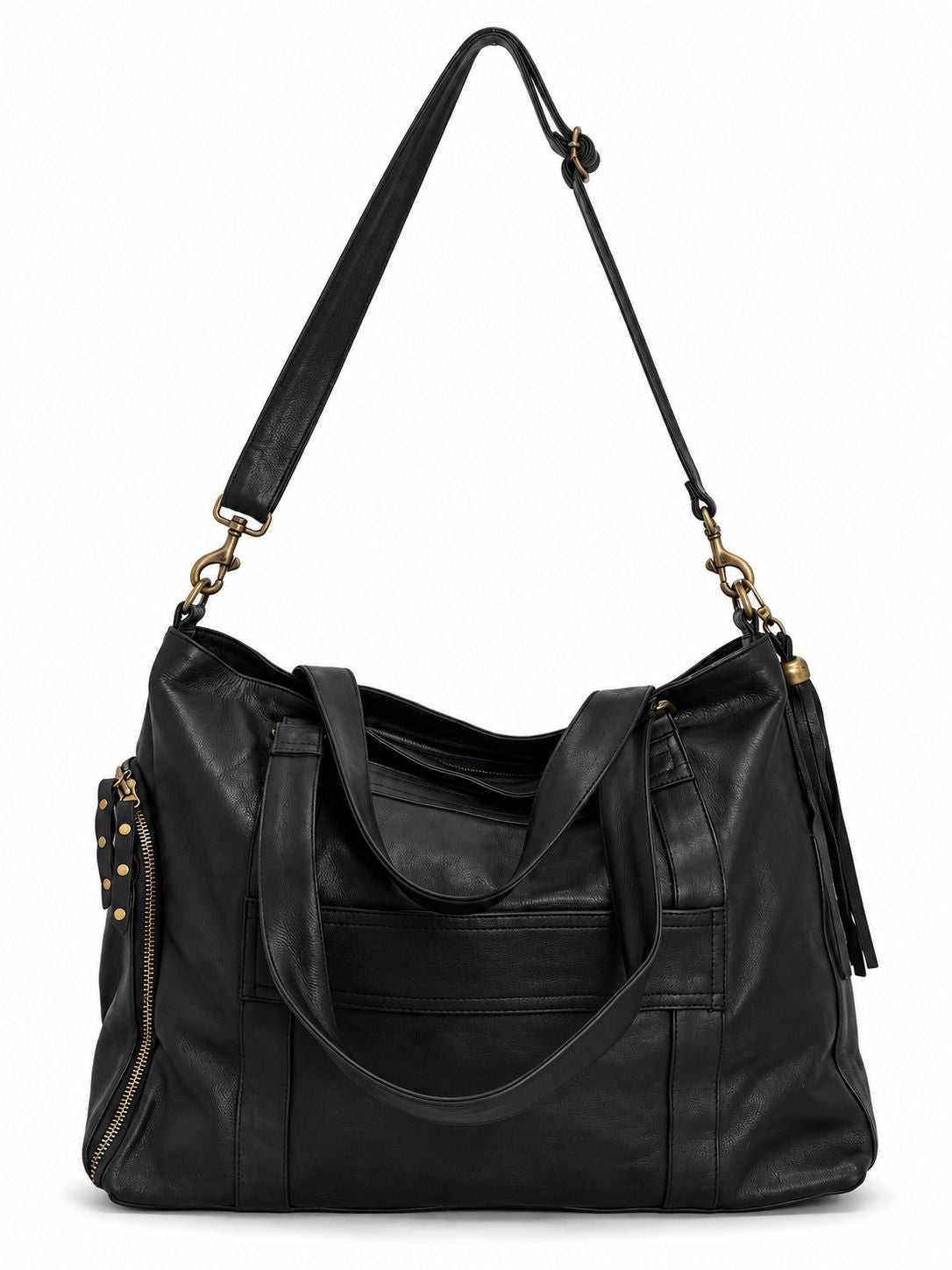 Cadelle Victoria black leather overnighter back view, with luggage sleeve 