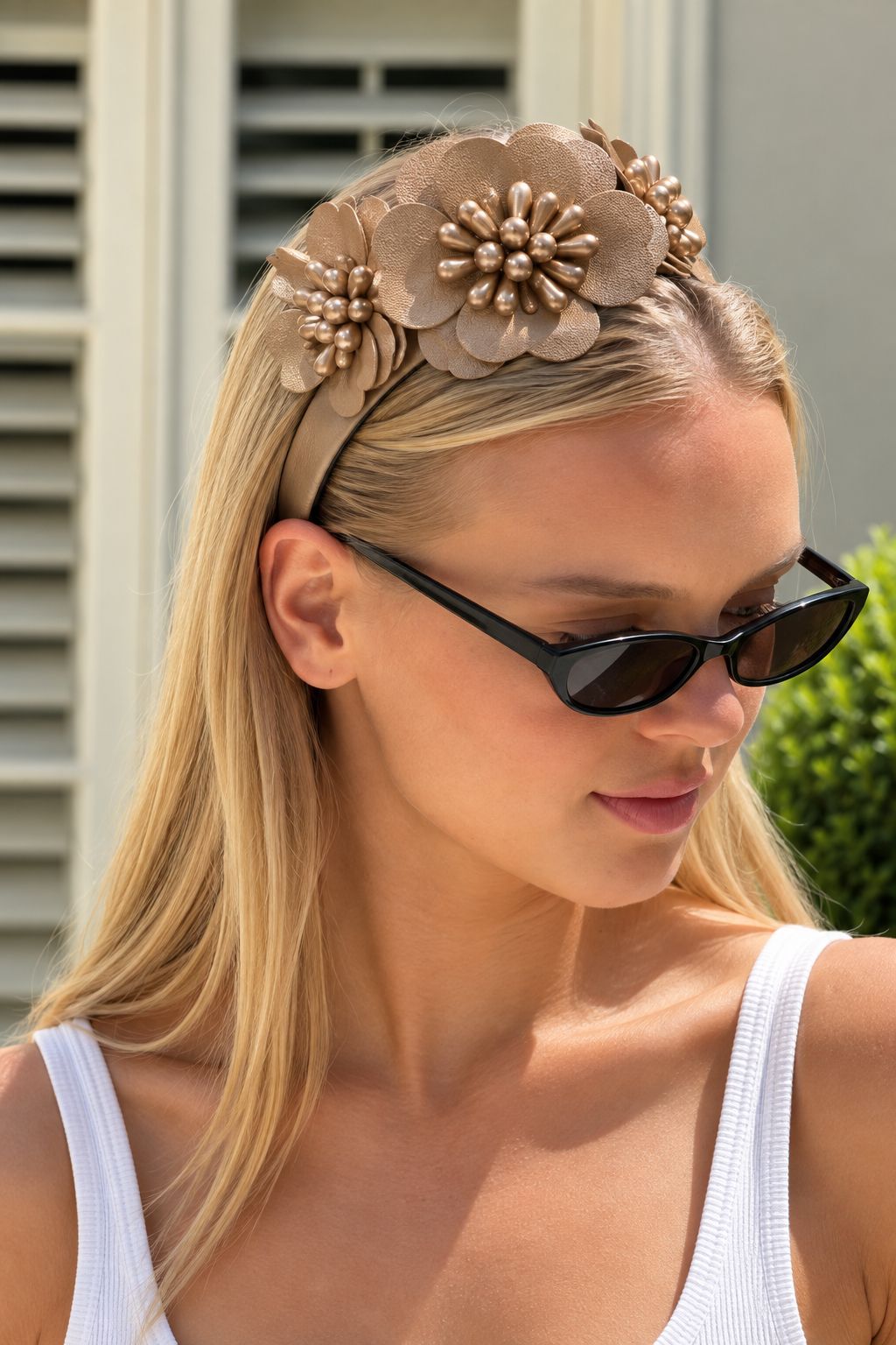 Cadelle Zara floral leather headband  with pearl-like embellishments in the centre