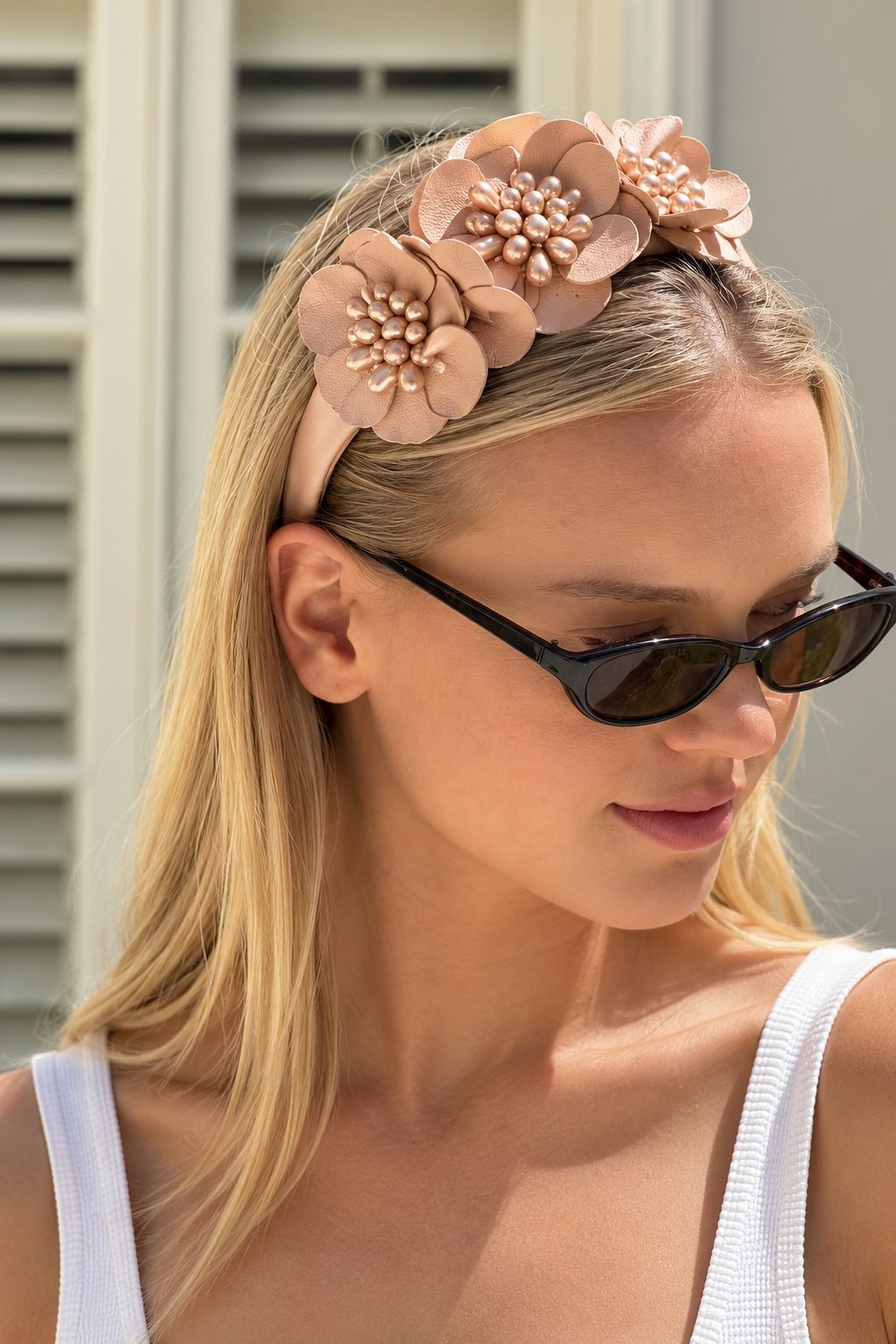 Cadelle Zara Misty Rose champagne metallic floral headband with pearl-like accents 