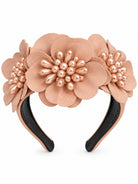 Cadelle Zara champagne metallic floral leather headband featuring large layered flower petals and centre pearl-like beads 