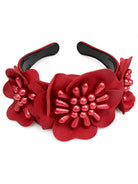 Cadelle Zara red leather floral headband with 3D flower petals, glossy red beads 