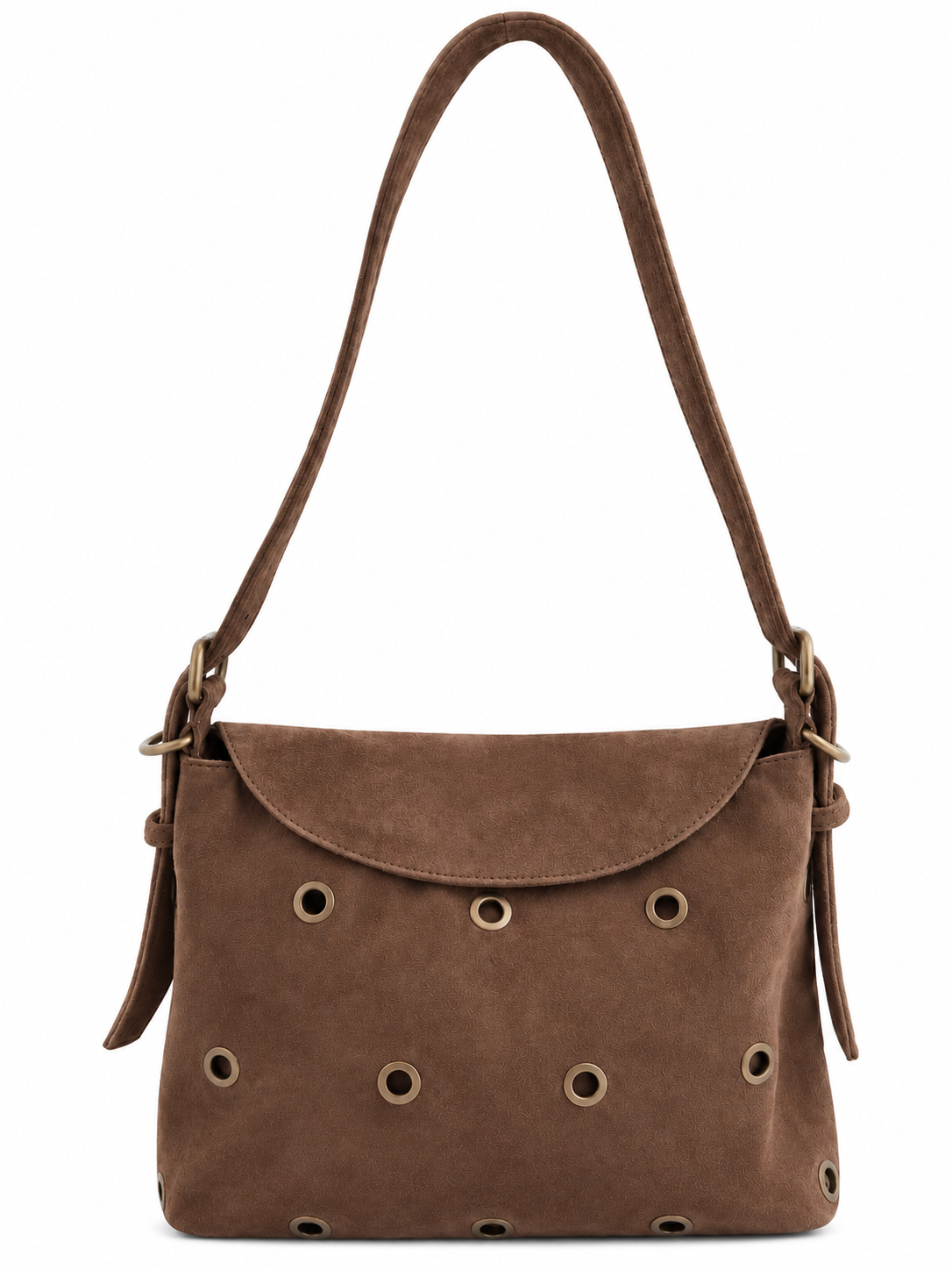 Cadelle Stevie chocolate  suede shoulder bag with a flap closure and eyelets details with an adjustable buckle strap