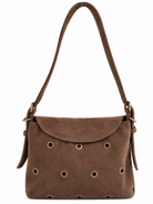 Cadelle Stevie chocolate  suede shoulder bag with a flap closure and eyelets details with an adjustable buckle strap