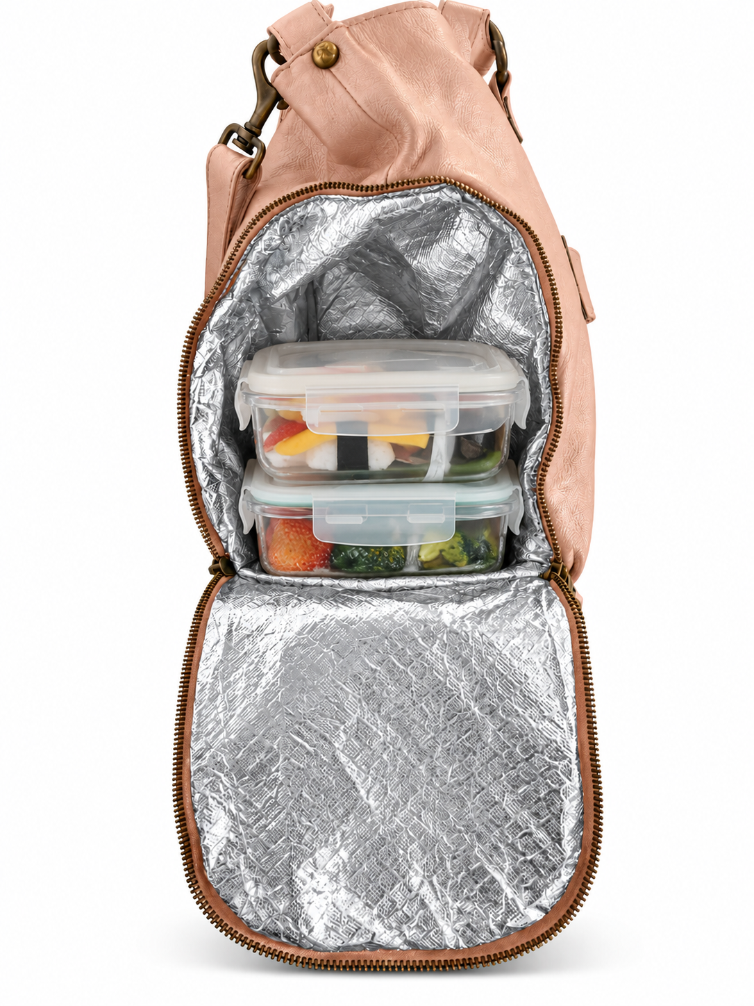 Cadelle Victoria metallic pink overnighter showing how the insulted compartment works