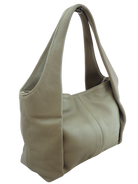 Side view of olive leather handbag with double handles