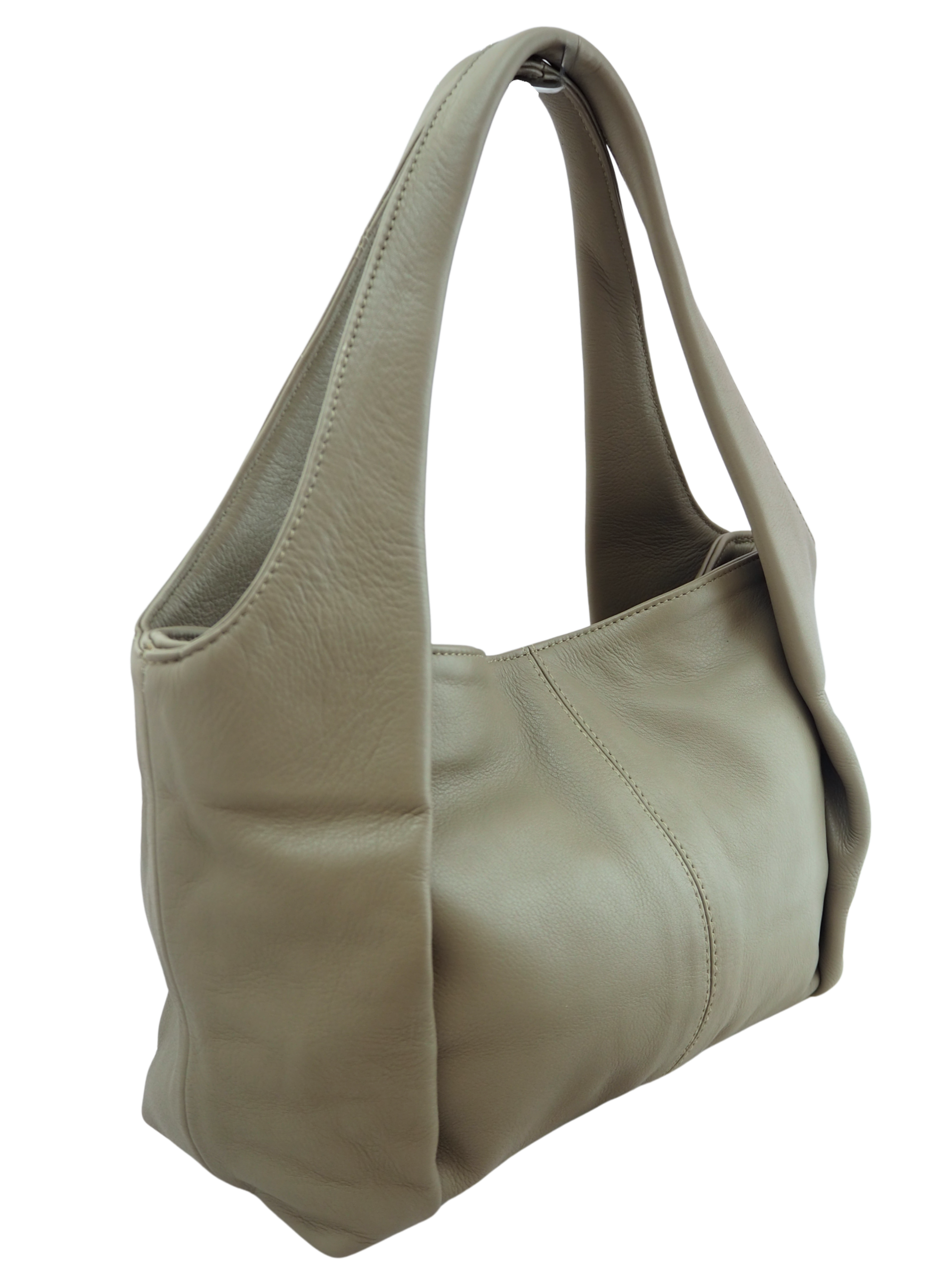 Side view of olive leather handbag with double handles