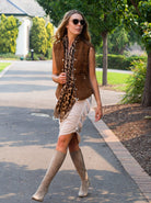Cadelle Serena tan quilted padded suede vest with zip closure and stretch side panels front view