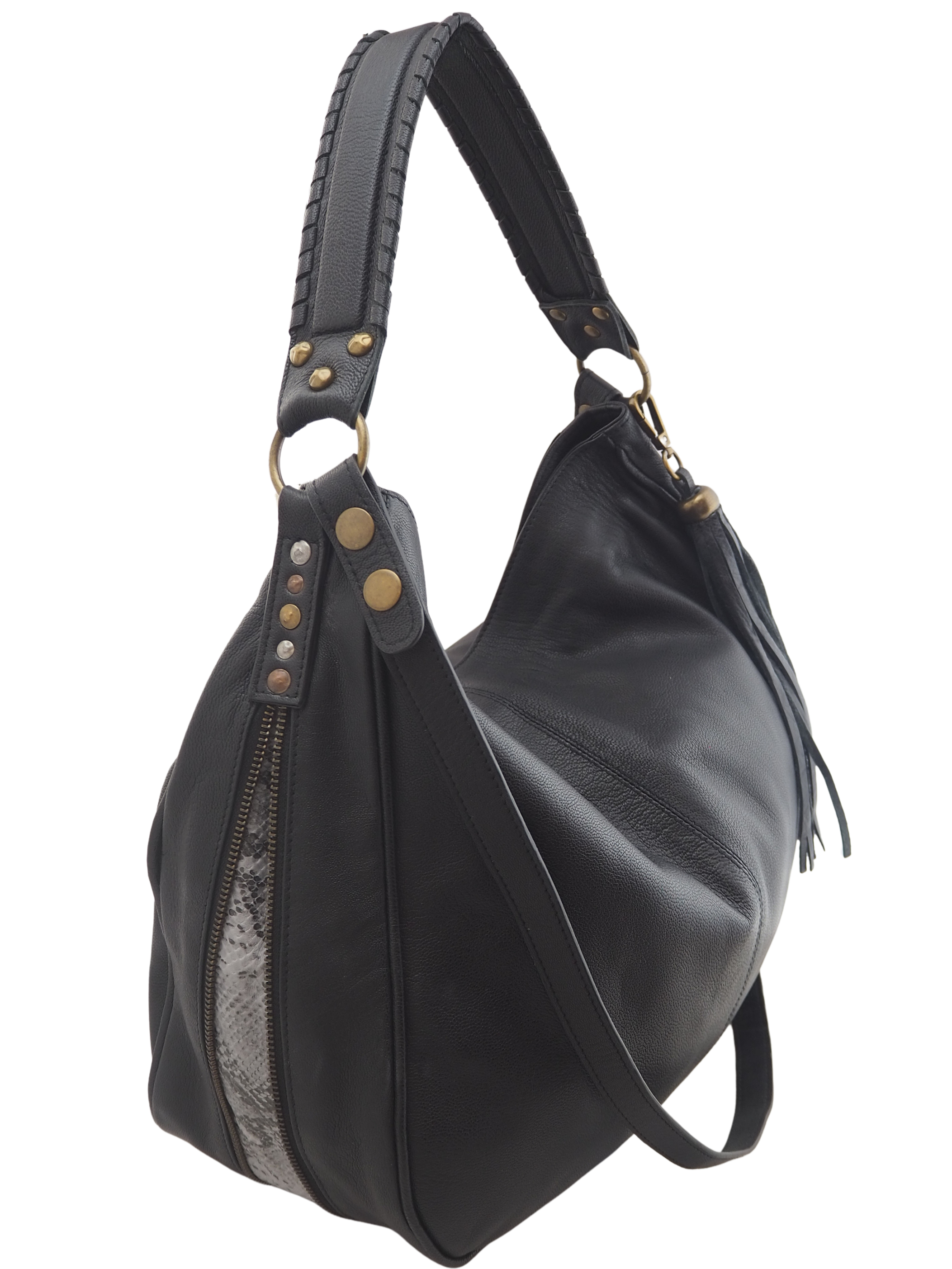 Black leather handbag with snake print insert