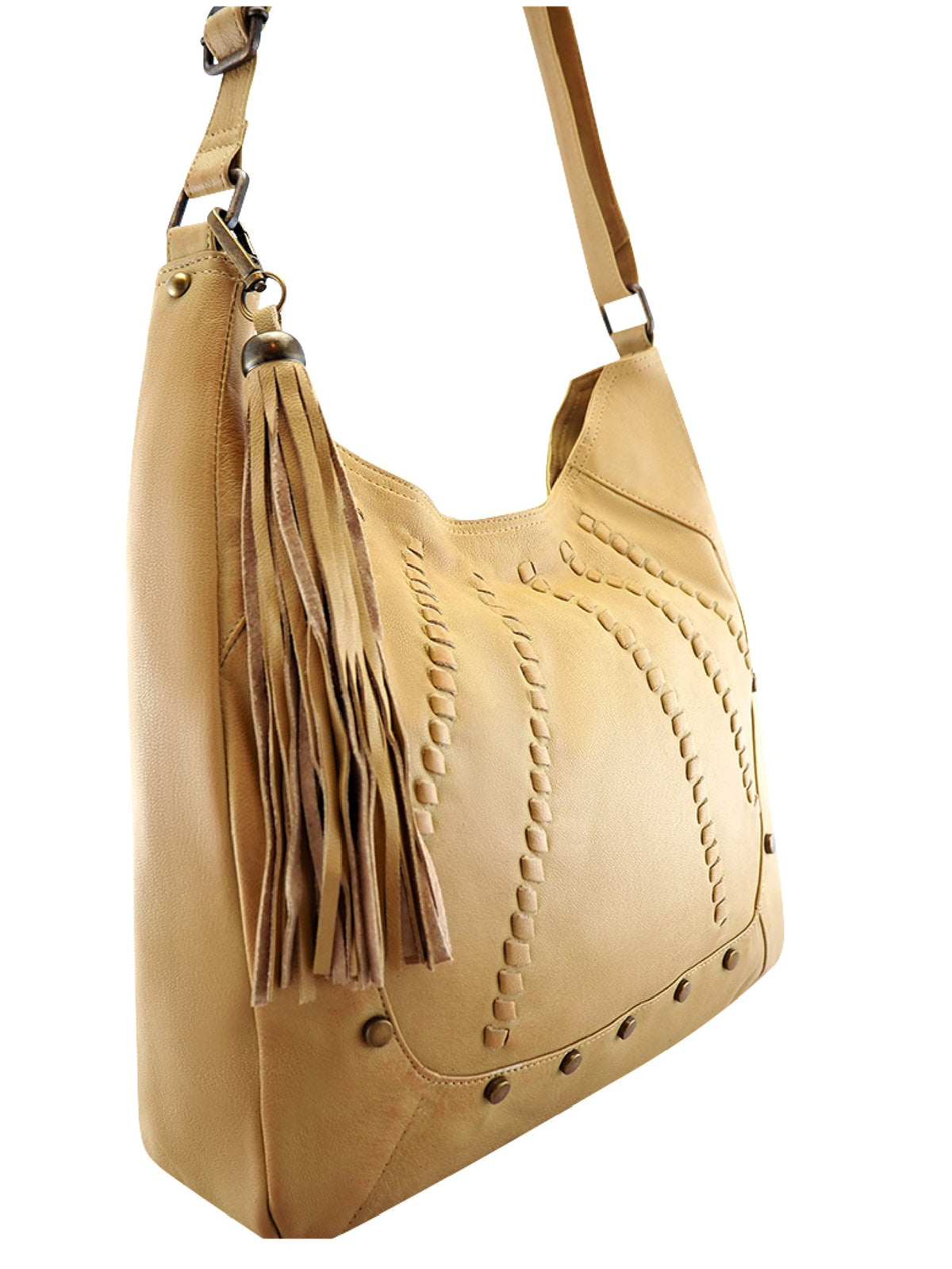 Cadelle Carrie camel leather hobo with stitch and stud detailing 