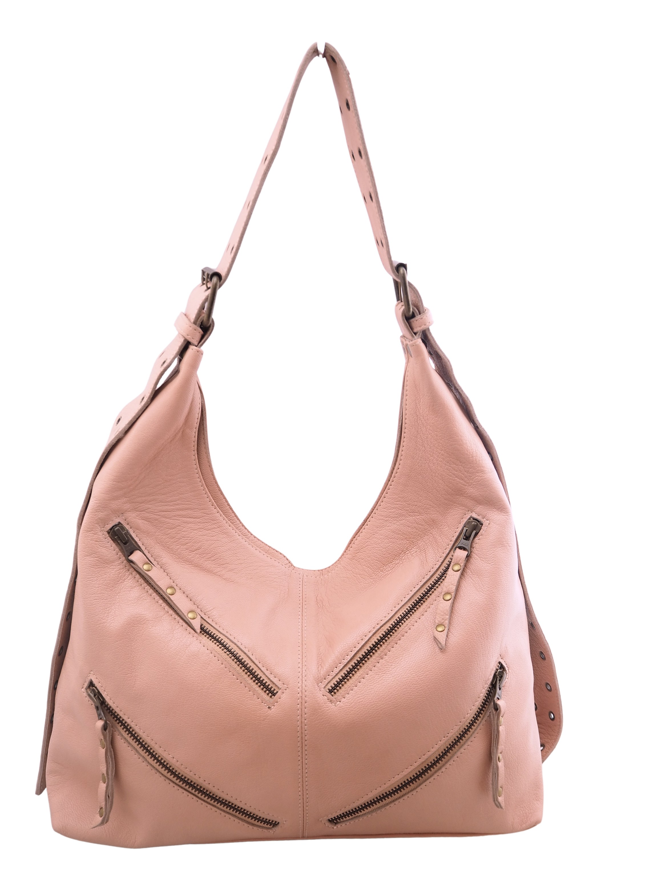 Misty Rose leather handbag with four front zip pockets 