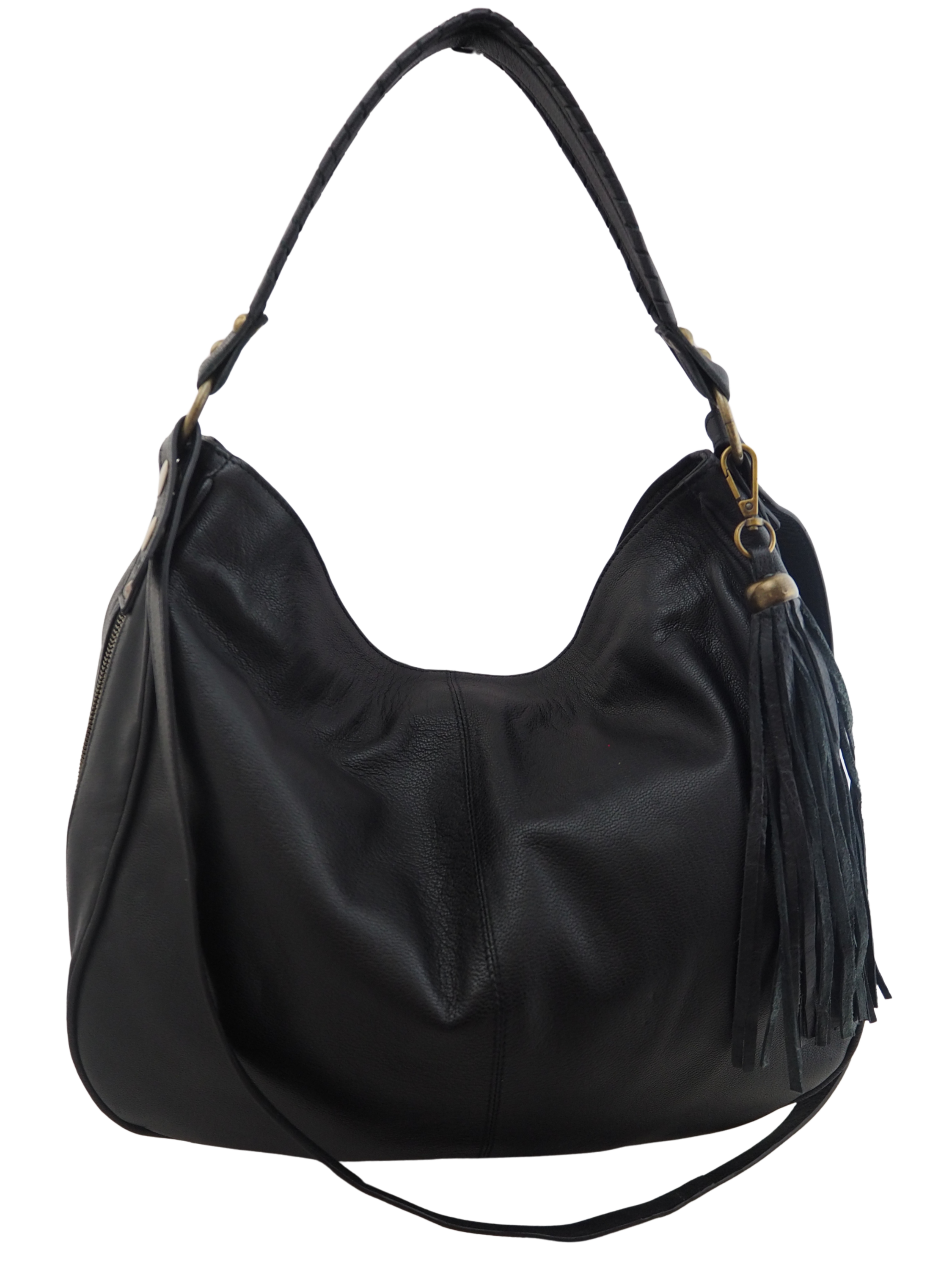 Black leather handbag back view with tassel and handle