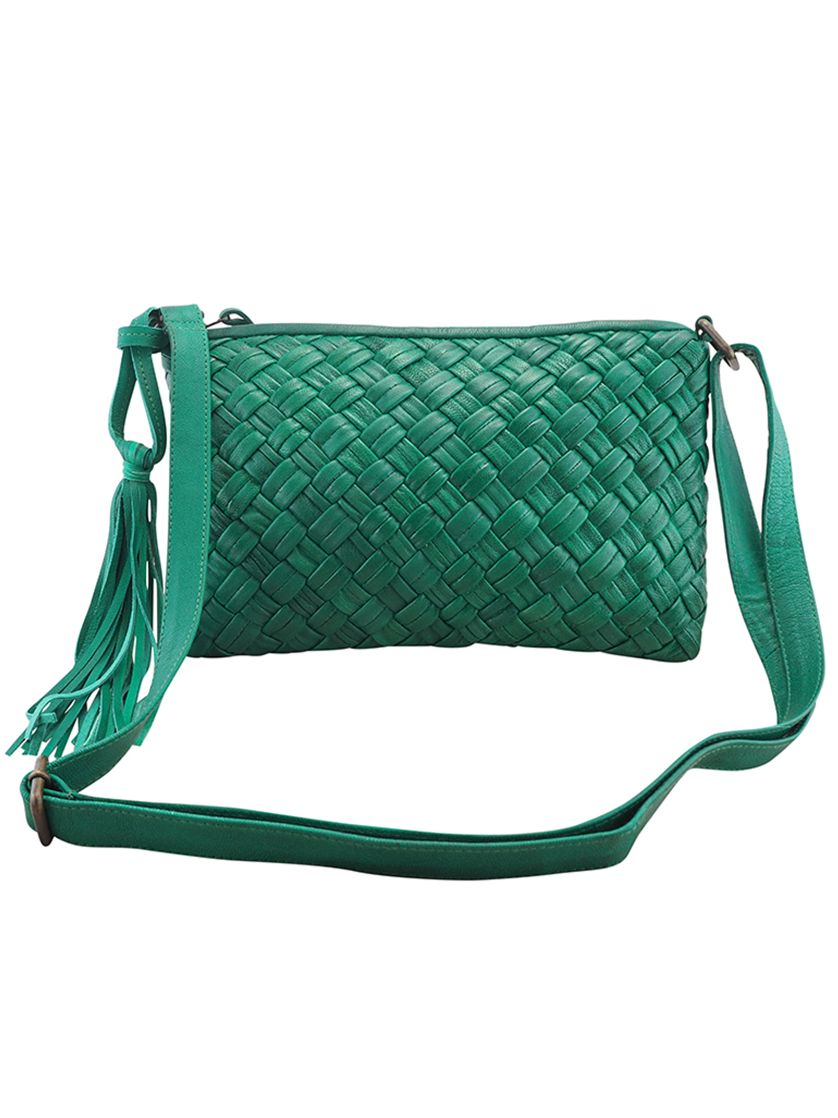 Cadelle peacock green woven leather crossbody  bag with an adjustable shoulder strap and tassel detail