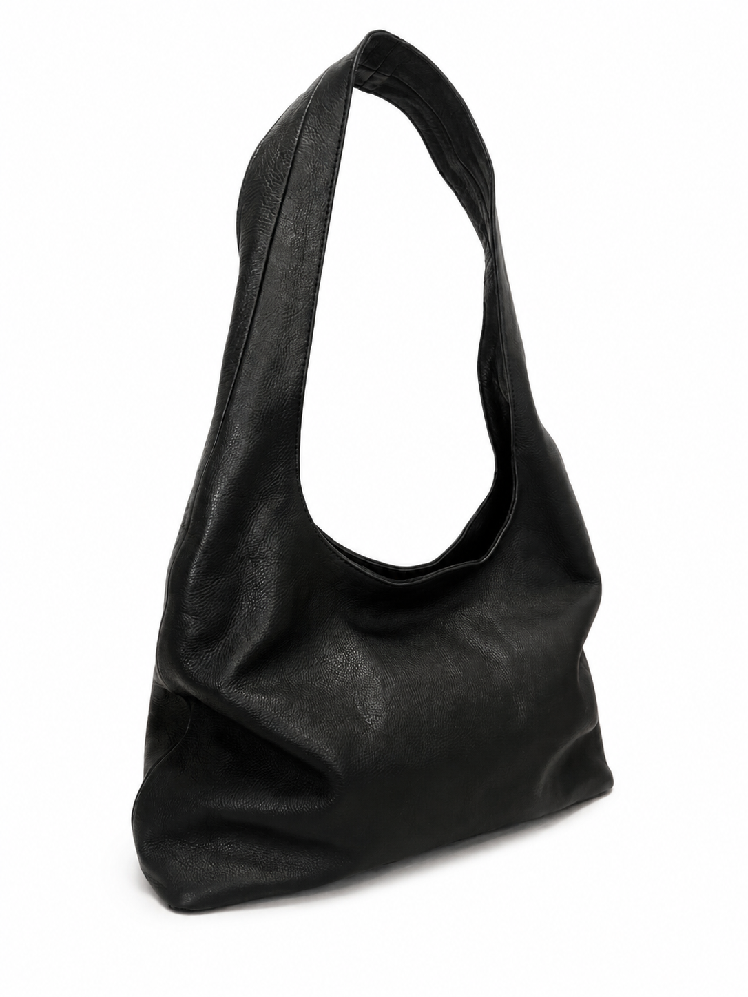 Scarlett  black slouchy leather shoulder bag with a single strap, side view