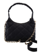 Cadelle Lyndel black leather handbag with diamond quilted stitching and gold chain strap front view