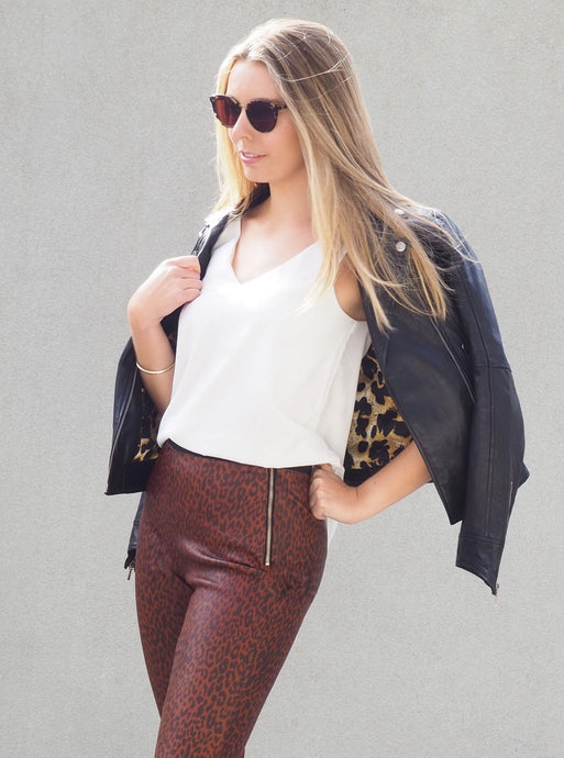 Abbie Stretch Leather Jeggings | Leopard Print - CadelleLeather