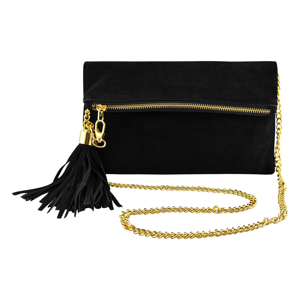 Suede Foldover Tassel Clutch offers In Black