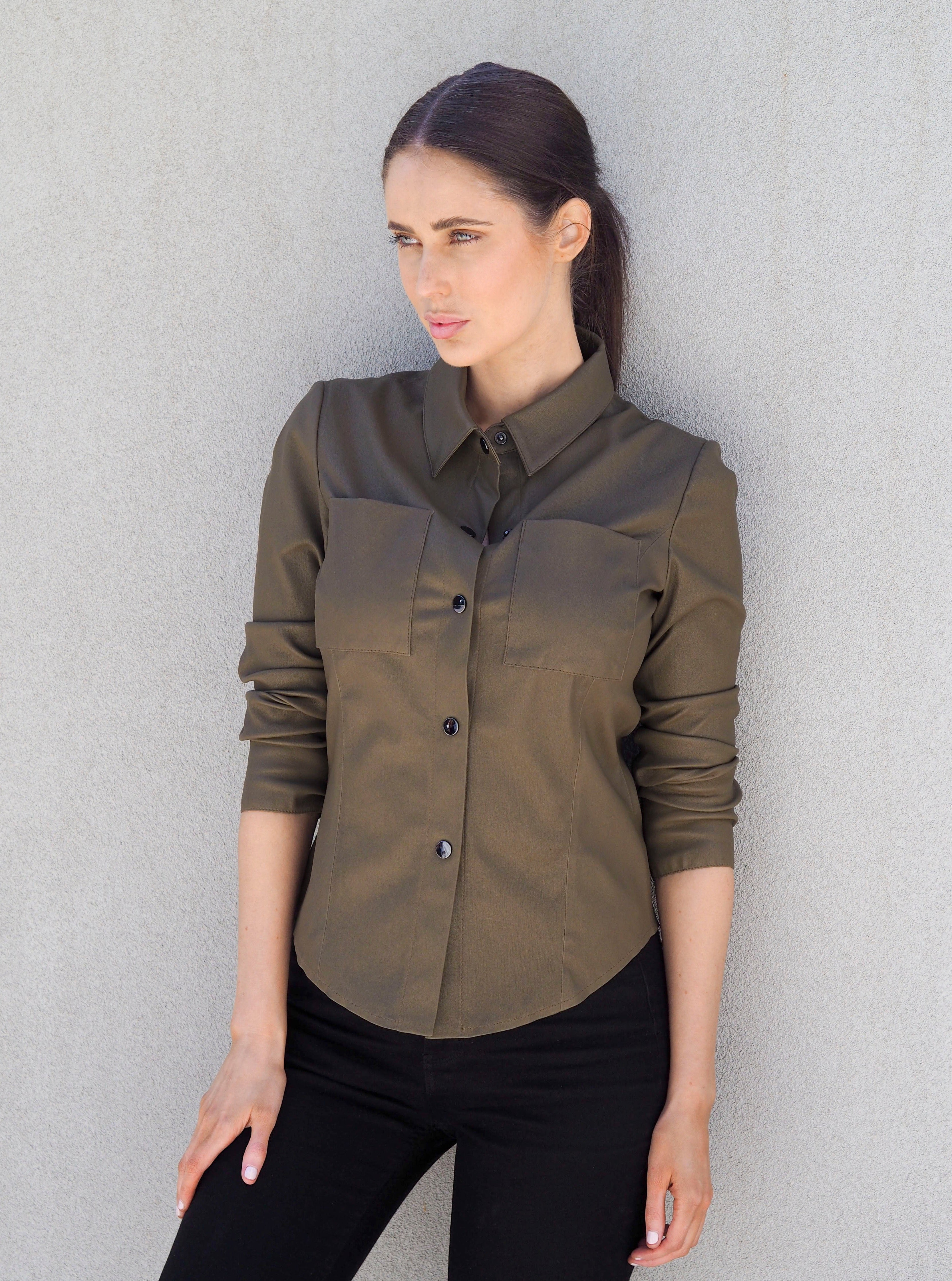 Stretch Leather Fitted Shirt Khloe Olive Picture 1 regular from Cadelle Leather