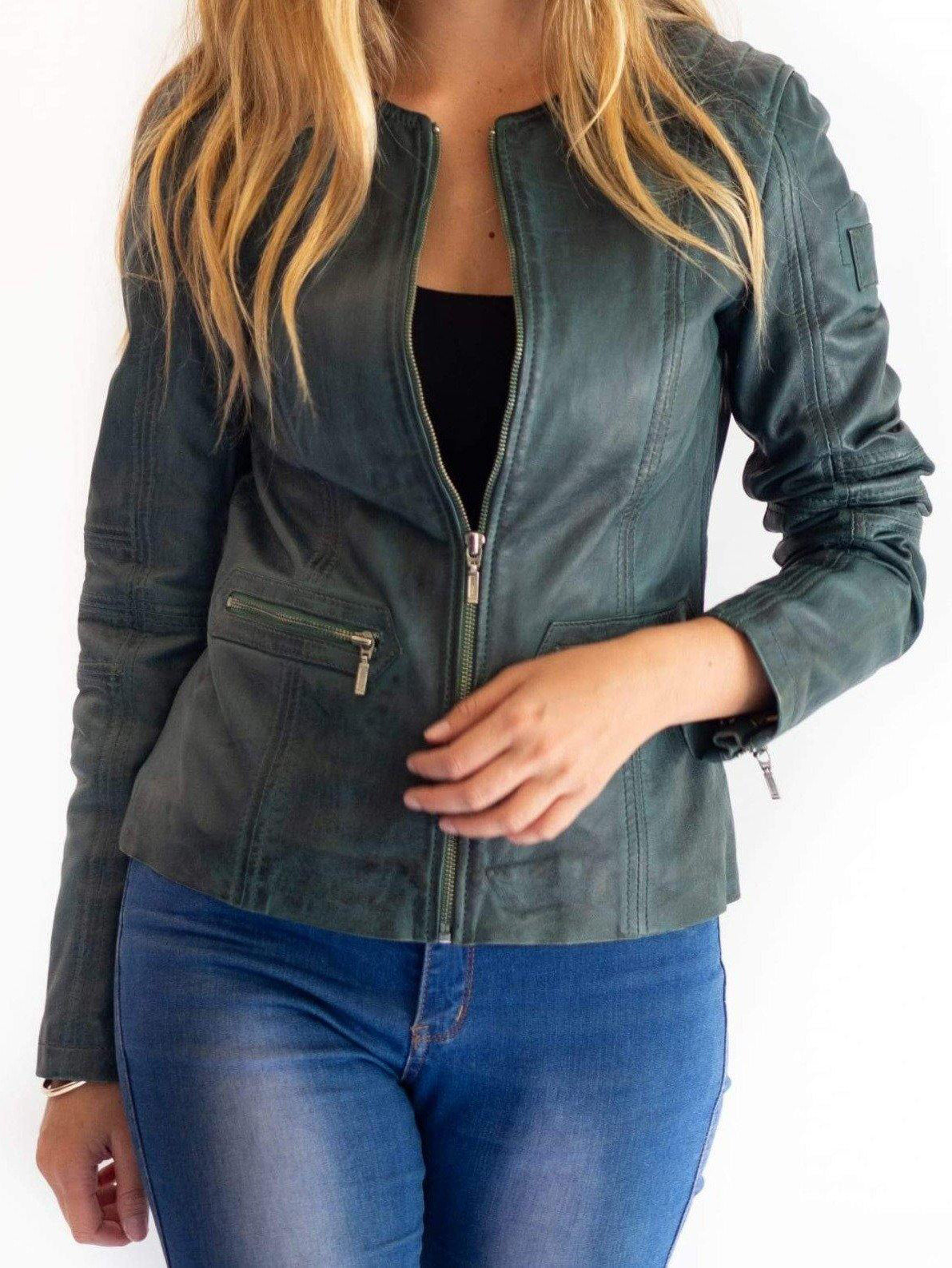 Leather Jacket Veronica Collarless Petrol Picture 1 regular from Cadelle Leather
